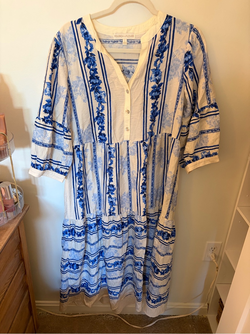 Figueroa + Flower White Midi Dress with Blue Floral Stripe